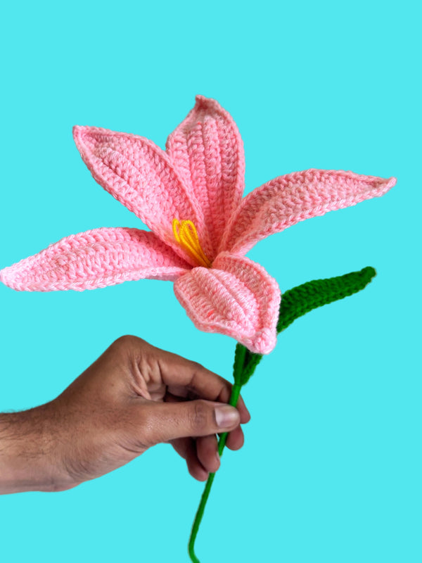 Hand holding a pink crocheted flower against a plain background